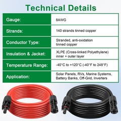 Solar Extension Cable 8AWG 20FT 2-Pack (Red + Black), PV Wire with Male/Female S