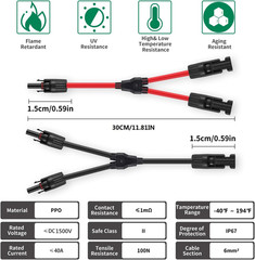 Solar Connectors Y Branch Parallel Adapter 10AWG Cable for Solar Panel (Red&Bl)