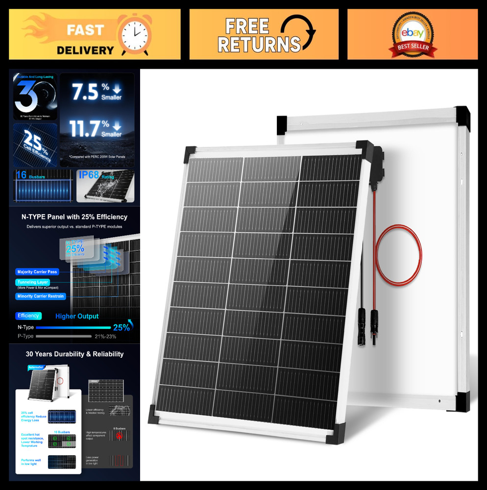 50W Monocrystalline Solar Panel 18V, High Efficiency 25%, Off-Grid RV Marine Hom