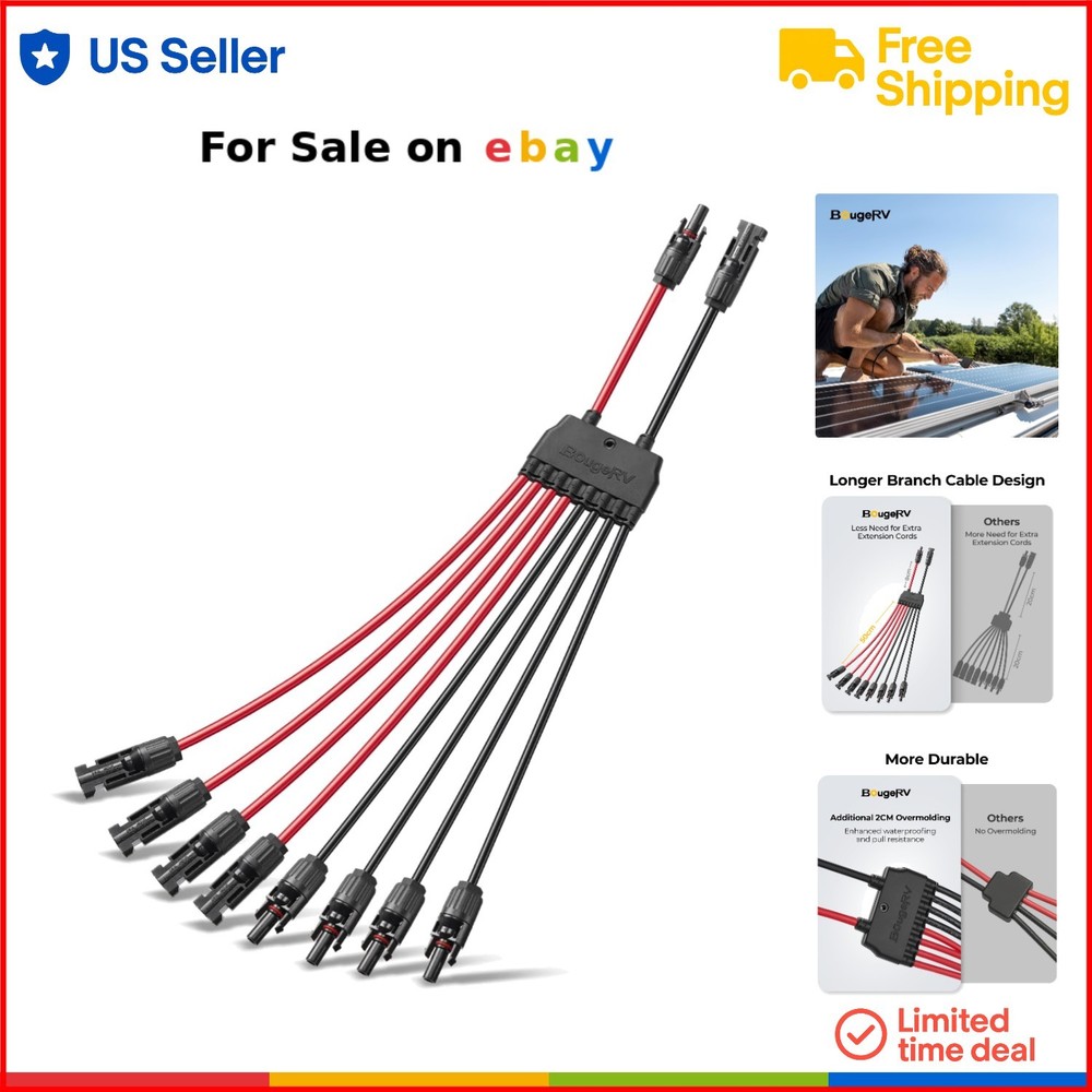 Solar Parallel Connectors 2-4 Panels Waterproof Y Branch 10AWG Adapter Cable