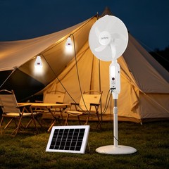 16″ Floor Standing Solar Fan W/ 2 LED Bulbs, Remote Control, AC + Solar Charging