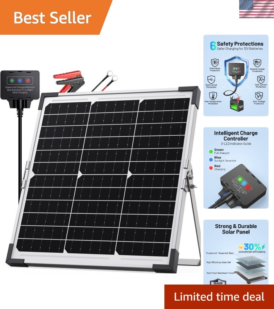 Durable 20W Waterproof Solar Battery Charger for Motorcycles, Trailers, & Trucks