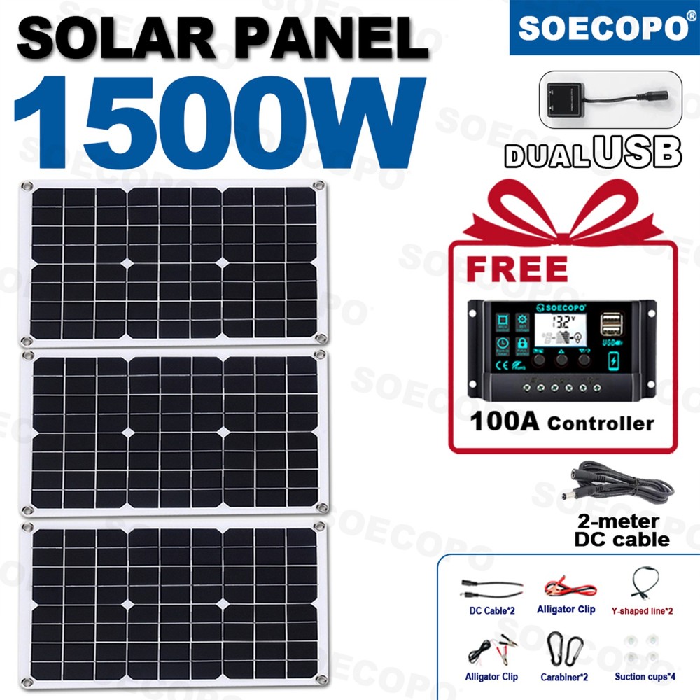 1500W Solar Panel Kit – 3 x 500W + 100A Controller + Extension Cord + Alligator