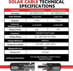 2x30ft Solar Panel Extension Cable- Waterproof Connectors