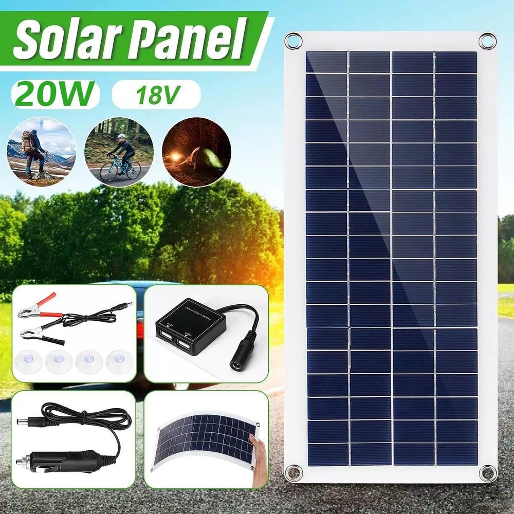 20W Solar Panel 12V Solar Cell Phone RV Car MP3 Charger Outdoor Battery Camping