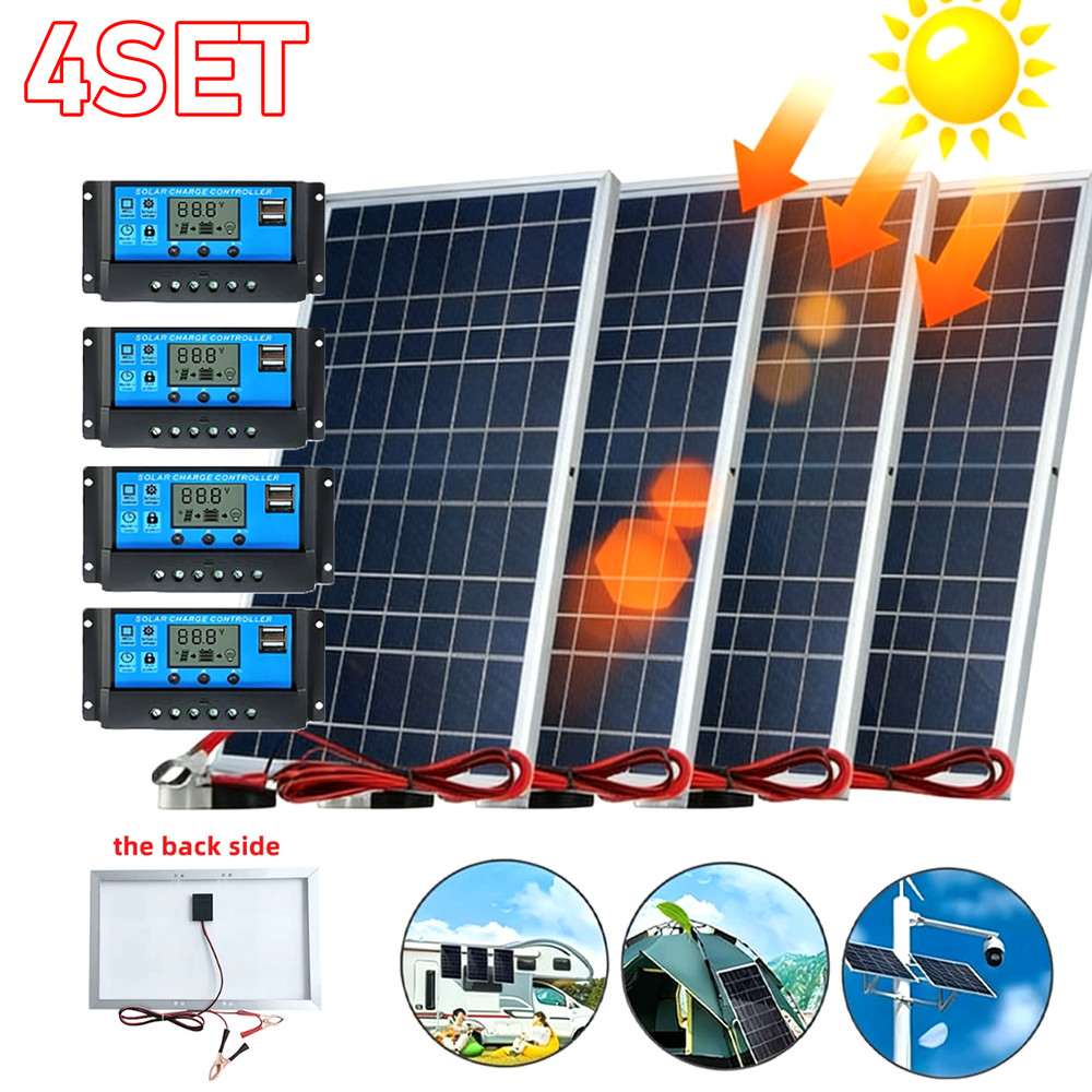 4PCS Solar Panel 12V Solar Battery Trickle Charger 100A W/ Controller Maintainer