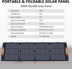 ALLWEI 200W Portable Solar Panel 18V 3-in-1 Mono PV Home Off-Grid Battery