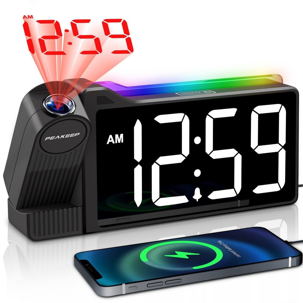 Peakeep Projection Alarm Clock for Bedroom Ceiling 180° Rotatable, Loud for