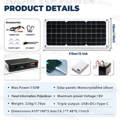 SOECOPO 150W Monocrystalline Solar Panel with USB/Type-C/DC Triple Output for Ca