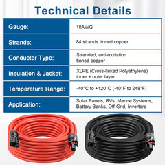 10AWG Solar Extension Cable 5FT – 2 Pack Red & Black PV Wire with Solar Connecto