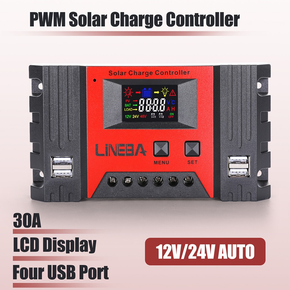 30A-100A Solar Panel Regulator Charge Controller 12/24V Color LCD Display 4 USB