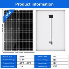 200W Mono Solar Panel 12V 22% Charging Off-Grid Battery Power RV Home Boat House
