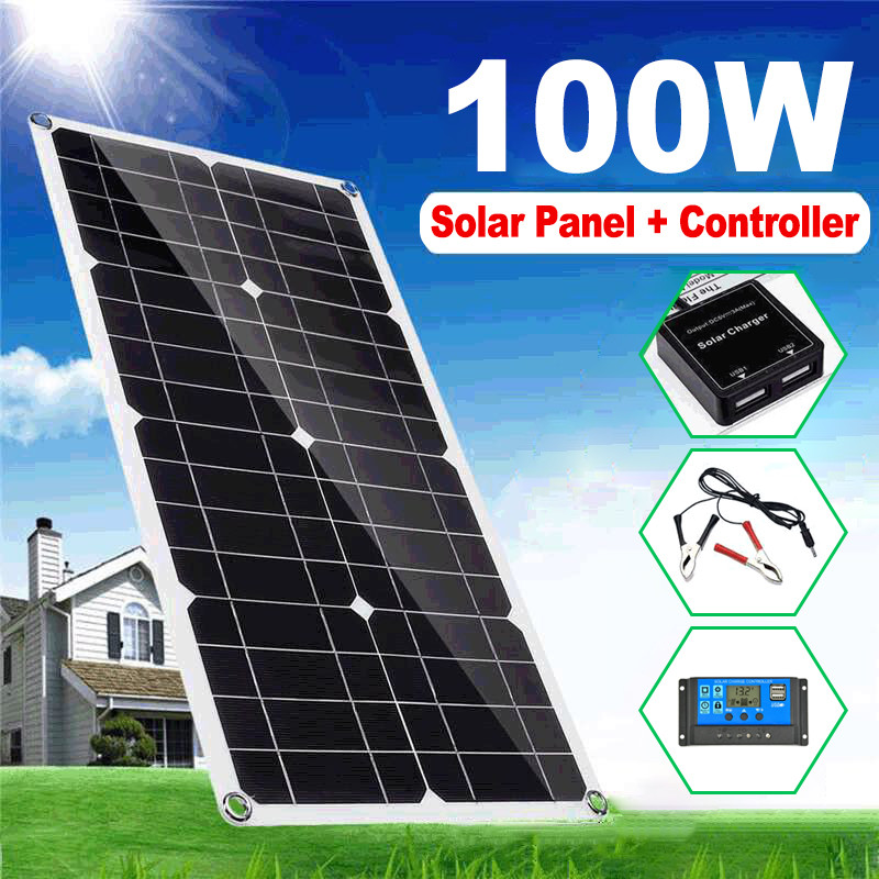 100W Solar Panel Dual USB Output Battery Charger 60A Home RV Camp Outdoor Garden