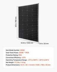 VEVOR 200W Monocrystalline Solar Panel High-Efficiency PV Module Solar Panel
