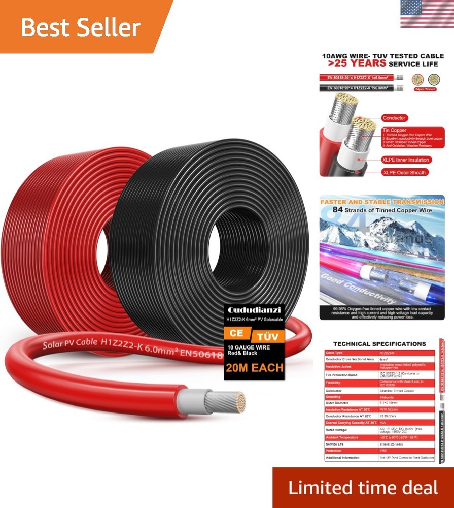 65FT Red + 65FT Black 10AWG Tinned Copper Solar Cable – Durable & Waterproof