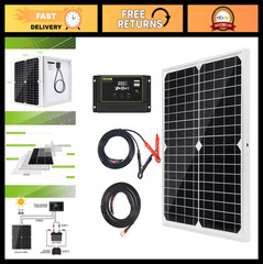 20W 12V Monocrystalline Solar Panel Kit with 10A Charge Controller & Cables for