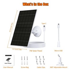 7W Solar Panel for 2K Cameras, USB-C Charger, IP66 Waterproof, 360° Mount, 9.8ft