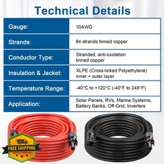 XRDS-RF 10AWG Solar Cable 50FT 2 Pack Red Black