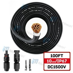 100FT 10AWG Black Solar Panel Extension Cable PV Wire Waterproof Solar Connector