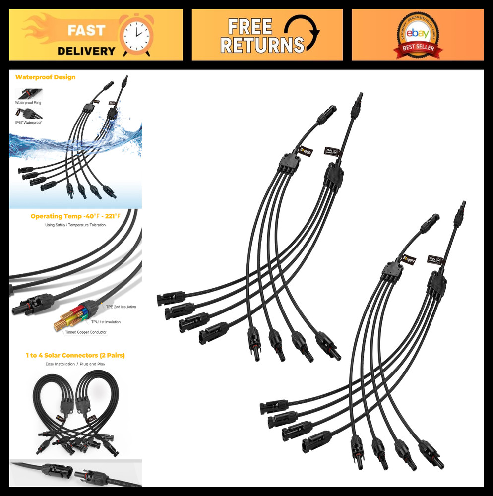 Extra Long Solar Panel Y Branch Connectors – 1 to 4 Parallel Cable Kit (2 Pairs)