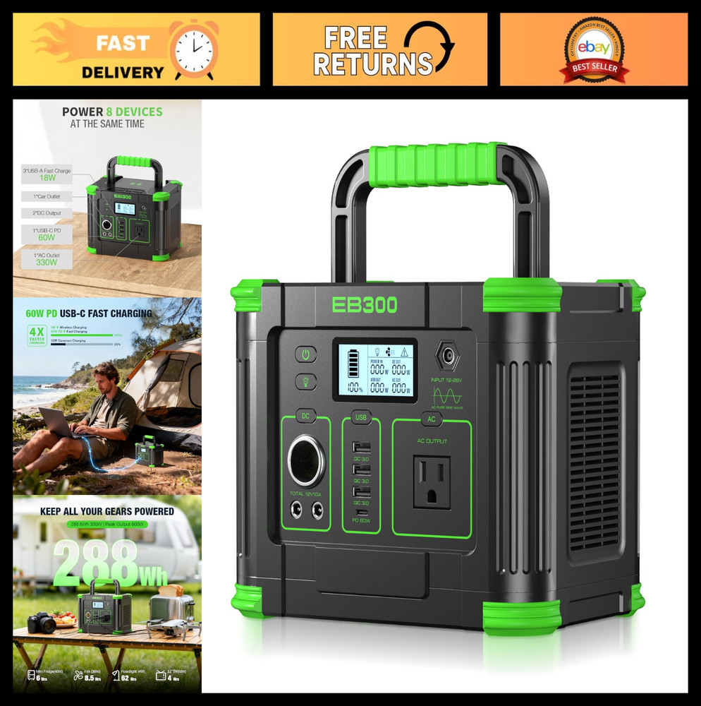 Portable Power Station 300W, 288Wh Solar Generator, 60W USB-C, AC Outlet, Backup