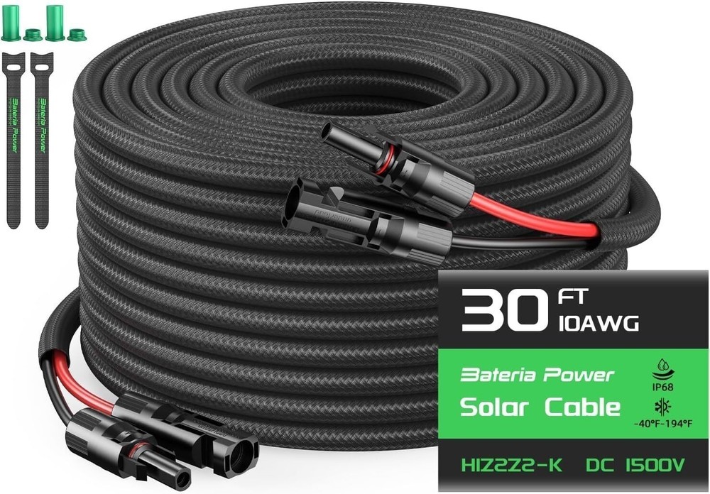 10AWG 30FT Solar Panel Extension Cable Flame Retardant Protective Sleeving Home