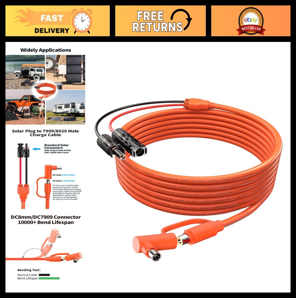 2M Solar Connector DC 8mm Adapter Cable, 12AWG/14AWG for Portable Power Stations