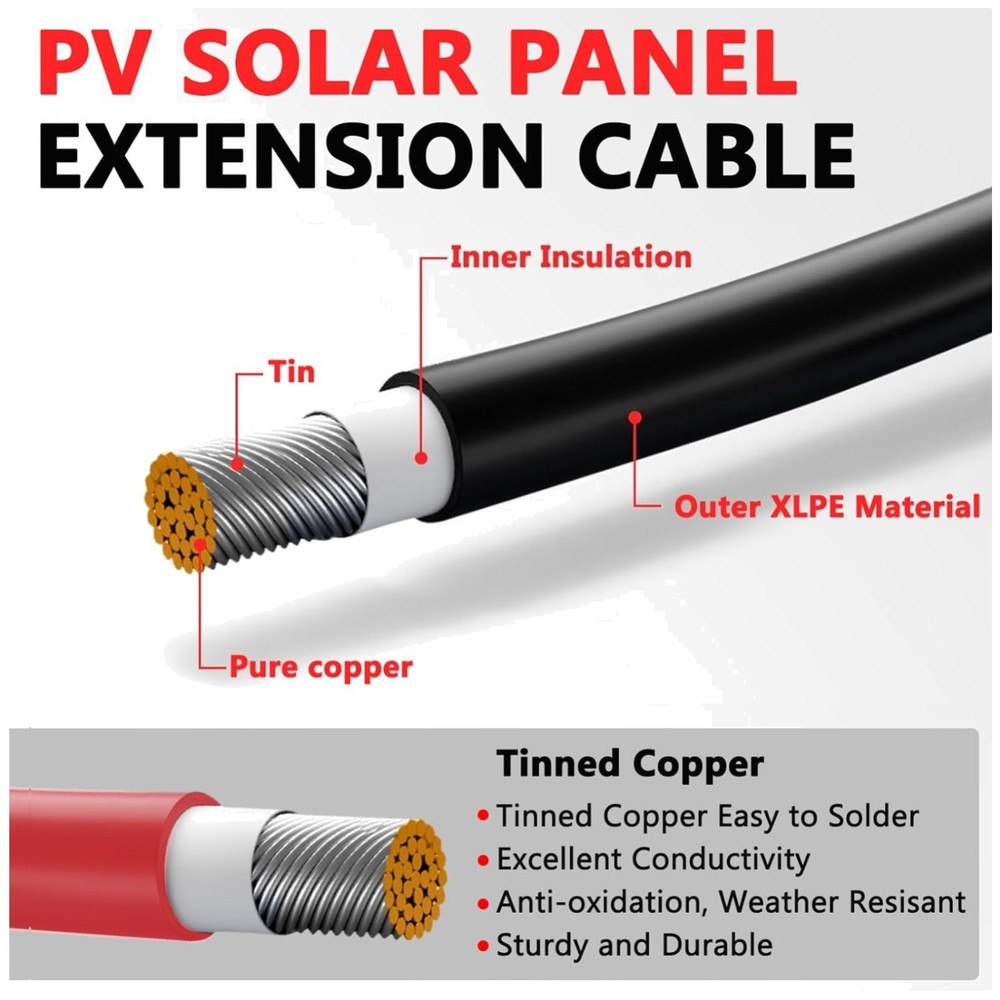 30ft Solar Panel Extension Cable- 10AWG, Waterproof