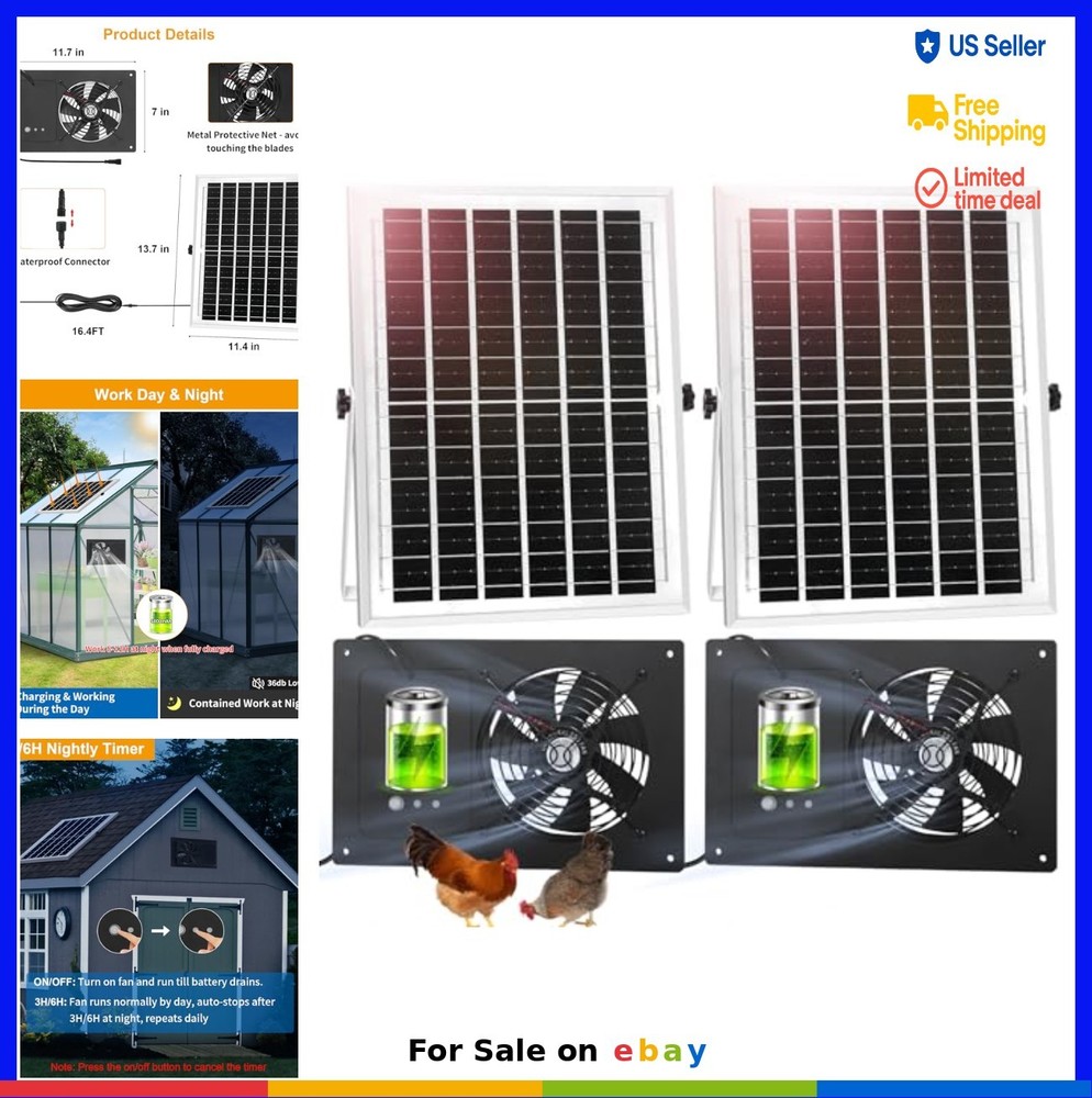 Solar Exhaust Fan 15W IP65 Waterproof Battery Powered Timer 16.4ft Cord for