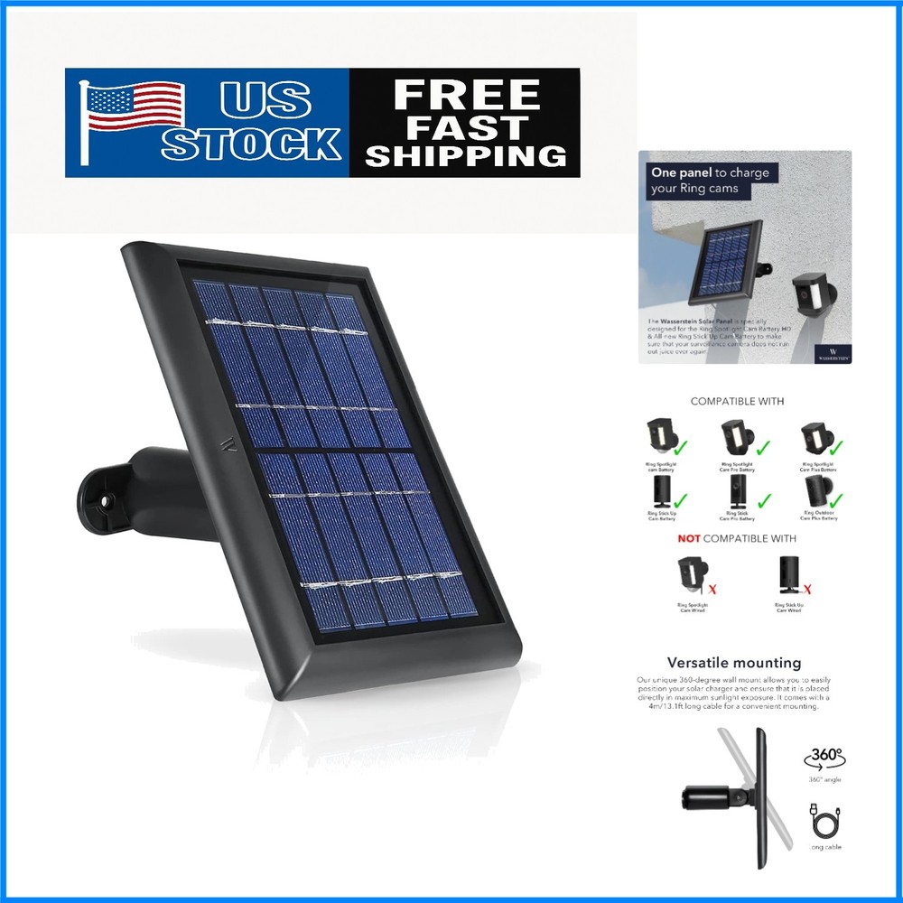 High-Efficiency Solar Panel for Ring Cameras with 360° Mount – 1-Pack, Black