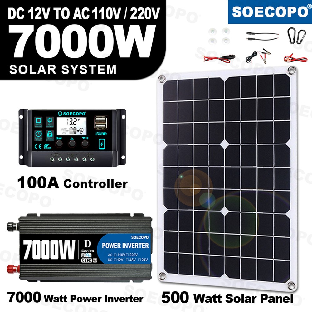 7000W Solar Kit 12V 110V Inverter Battery ChargerLighting Camping 500W Panel