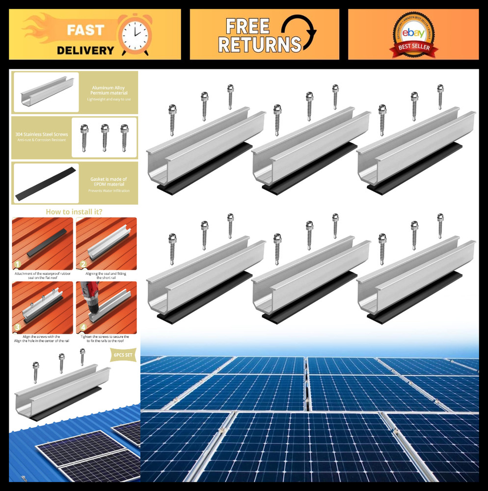 6Pcs Solar Panel Mounting Rail Kit, Aluminum Brackets with Screws & Pads for Roo