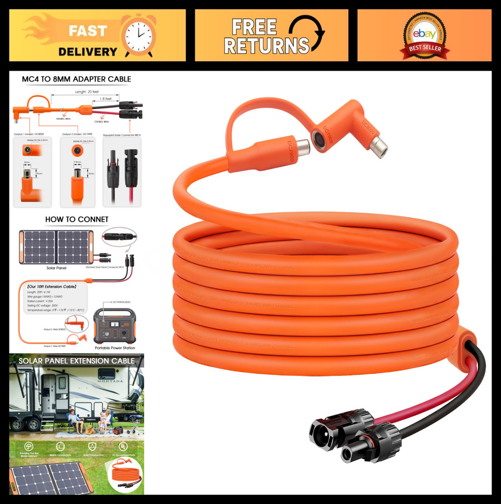 20FT MC4 to DC 8mm Adapter Cable for Solar Power Stations, RV, Camping Use