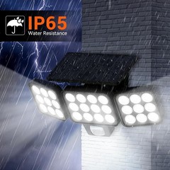 Foco Solar Exterior con Sensor de Movimiento, 3500LM, 3 Cabezales y Panel de Vid