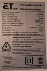 ET Solar 410 Mono 144 cell Solar Panel, LOCAL PICK UP
