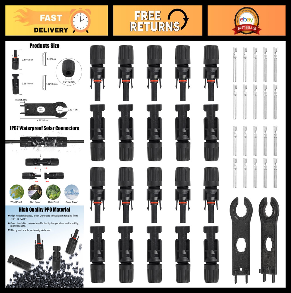 10 Pairs Waterproof MC4 Solar Connectors Kit, 1000V Male/Female for Solar Panels