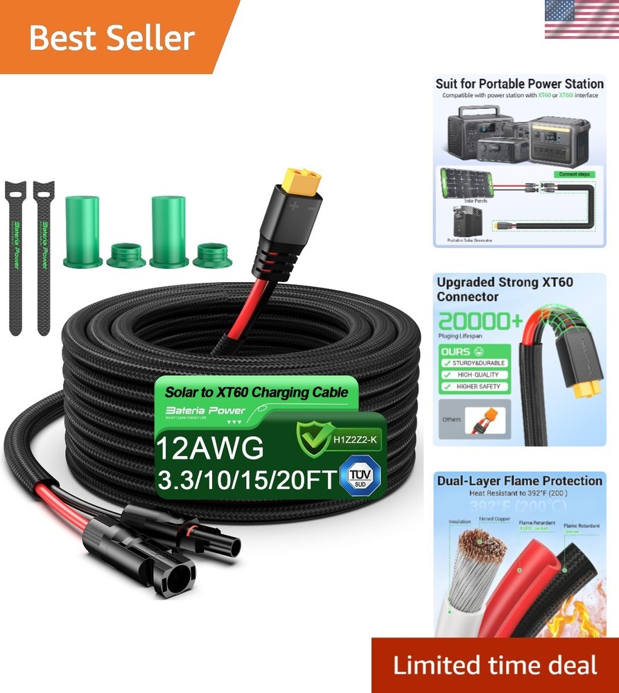 Solar to XT60 Extension Cable, 12WG 10FT Flame Retardant Protective Sleeving …