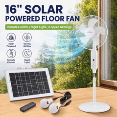 16″ Rechargeable Floor Standing Fan + 2PCS LED Bulbs w/ Remote AC & Solar Charge