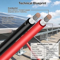 10 Gauge Wire – Solar Panel Wire 30Ft Black & 30Ft Red 10AWG(6mm²) Tinned Cop…