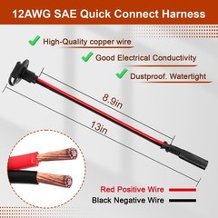2-Pack SAE Quick Connector Harness （with Sidewall Port）, 1FT 12AWG SAE Adapte…