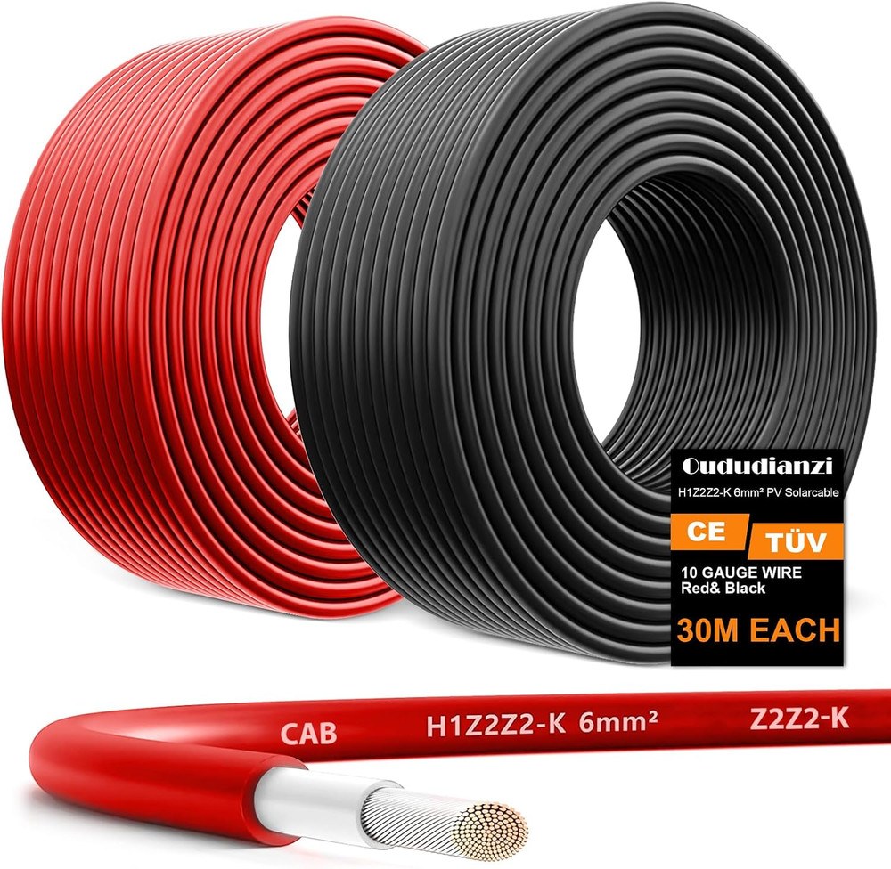 Oududianzi 2X100 Feet Solar Panel Wire, 10AWG Solar Wire Tinned Copper PV Cable