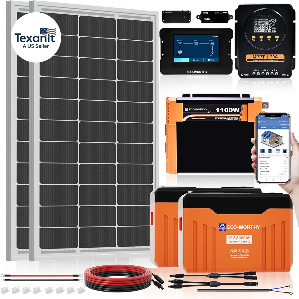 ECO WORTHY 12V 200W Solar Panel Kit with Battery and Inverter for RV off Grid:2P