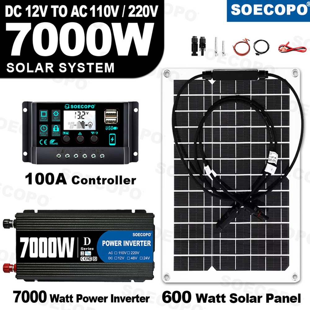 SOECOPO 7000W Peak Solar System Kits Flexible Panel 100A Controller 12V To 110V
