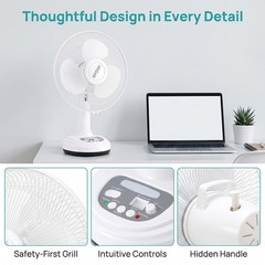 12″ Solar Rechargeable Desk Fan 2-Speed Portable Camping Fan + 2 LED Light Bulbs