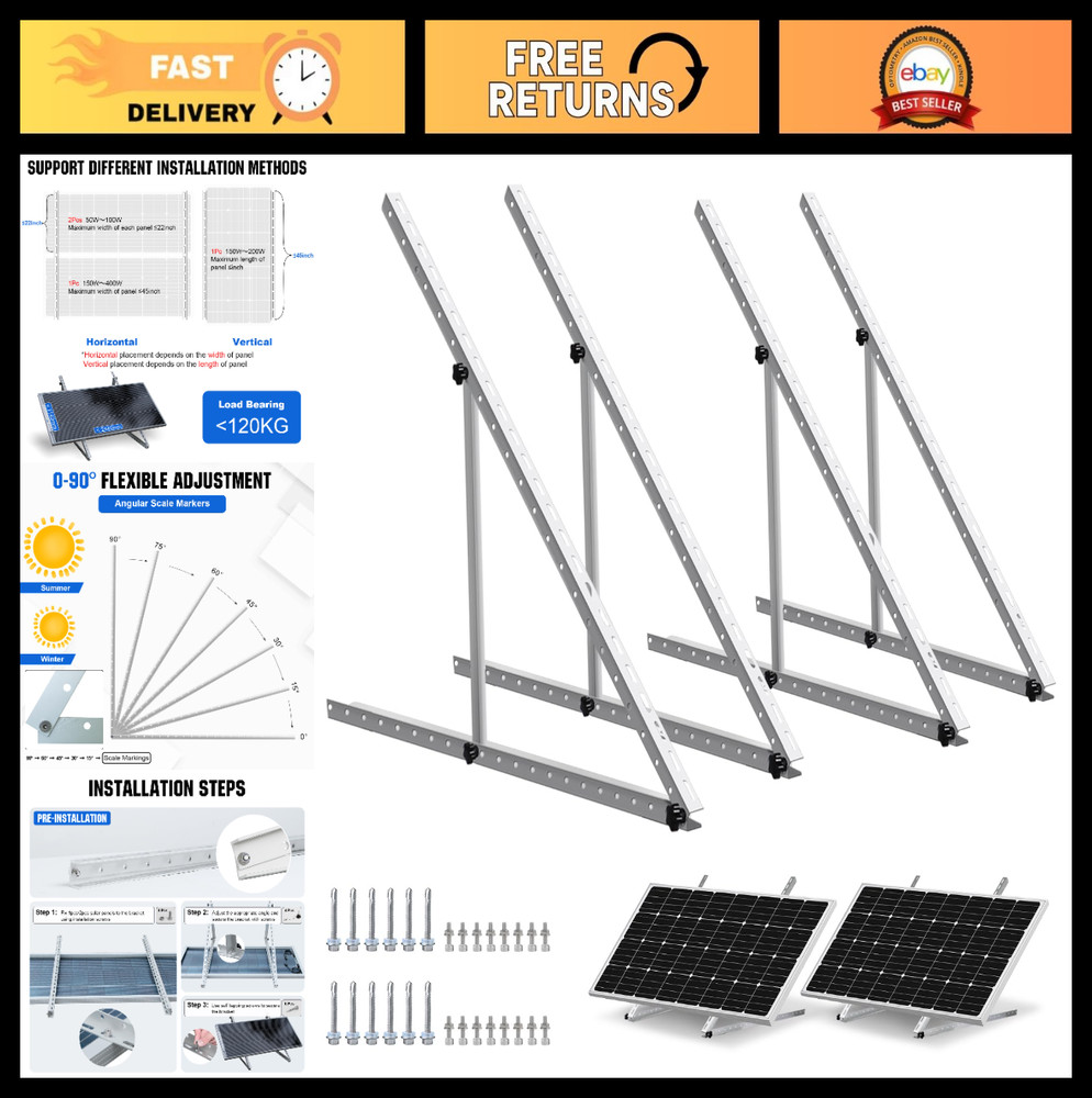 Adjustable Solar Panel Mount Brackets – 2 Sets, 45″ for Roof, RV, Boat, Off-Grid