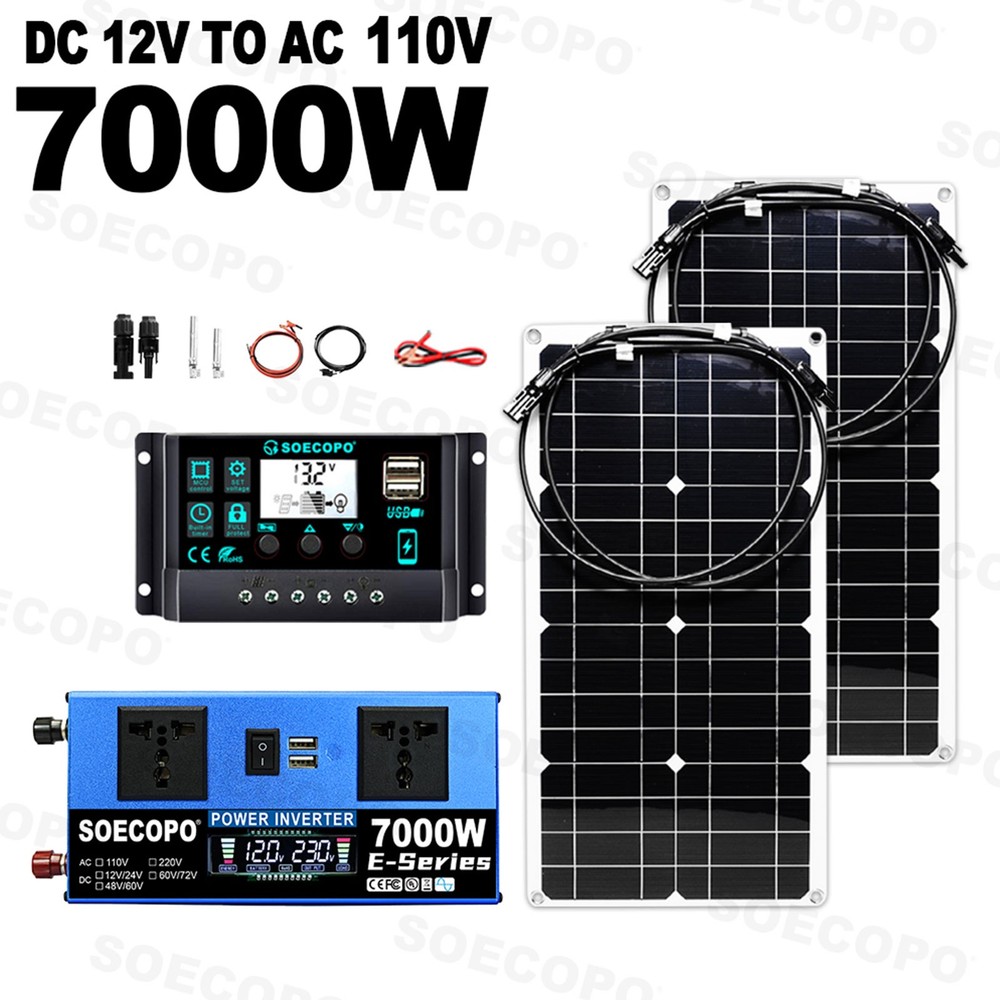 SOECOPO 7000W Peak Solar System Kit 2pcs Flexible Panel 100A Controller 12V/24V