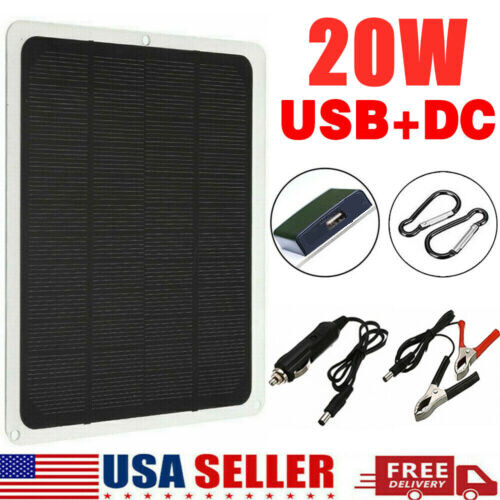 20W Solar Panel Trickle Battery Charger Outdoor Power Supply for Car Boat RV