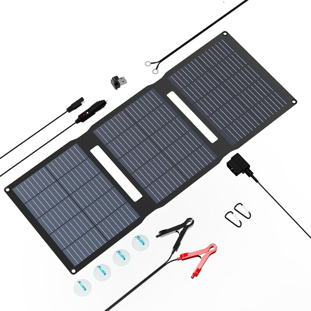 28W Foldable Solar Panel Trickle Charger Maintainer Kits – 12V DC & QC3.0 USB Ou