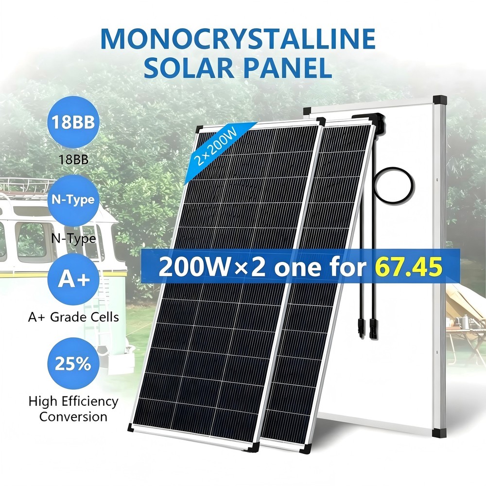200W 2Pack Monocrystalline Solar Panel 400W 18V Off-Grid Battery Power RV Home