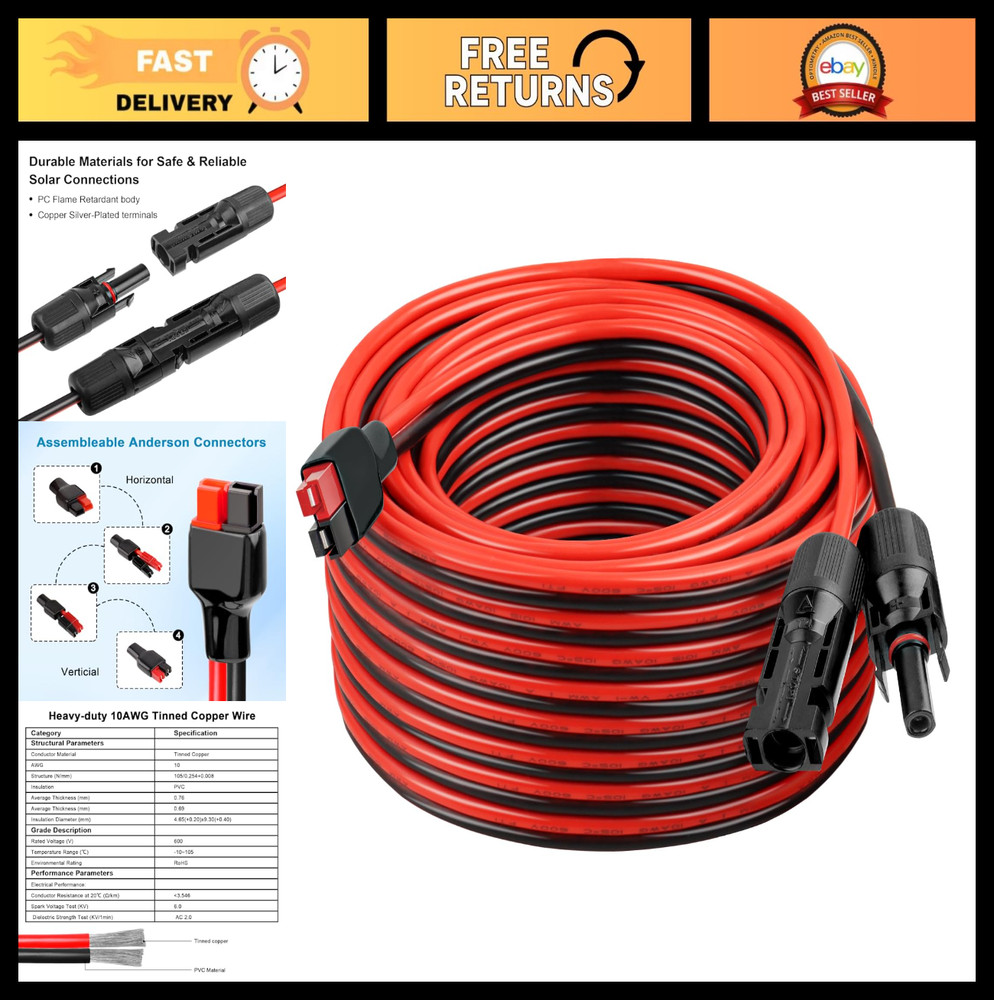 50FT 10AWG Solar Panel Extension Cable, Anderson Connector, Tinned Copper, 600V,